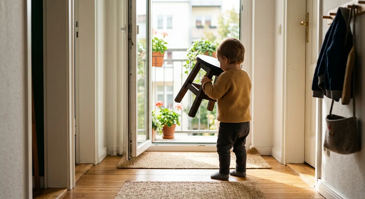 13. Lebensmonat – Im Flur einer hellen Wohnung bringt ein Kleinkind am späten Vormittag im
