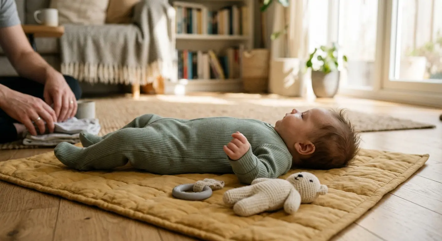 2. Lebensmonat – Am späten Vormittag liegt ein zwei Monate altes Baby auf einer senfgelben