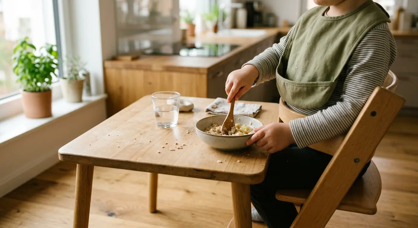 21. Lebensmonat – self-feeding development, nutrition). * *Location:* Helle Wohnküche, niedriger Kindertisch (