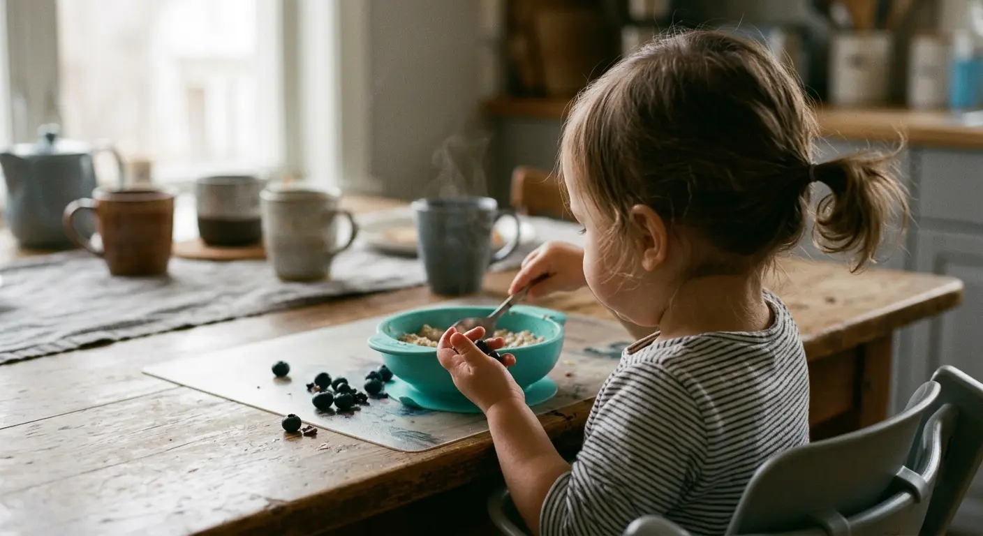22. Lebensmonat – (not generic)? Yes, concrete details (oatmeal, spilled blueberries, suction bowl). * Faces