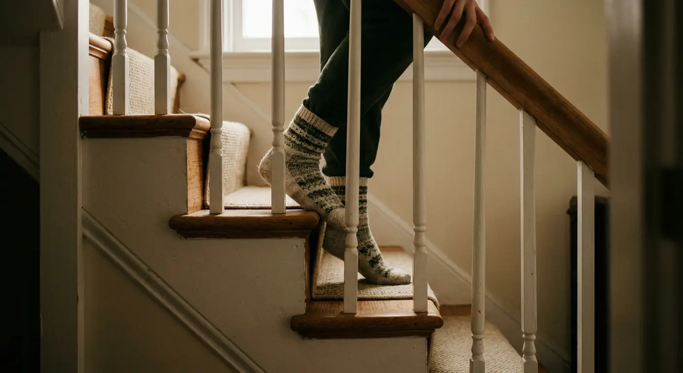 24. Lebensmonat – Constraints:** * 1-2 sentences? Yes. * Concrete, everyday scene? Yes (climbing stairs