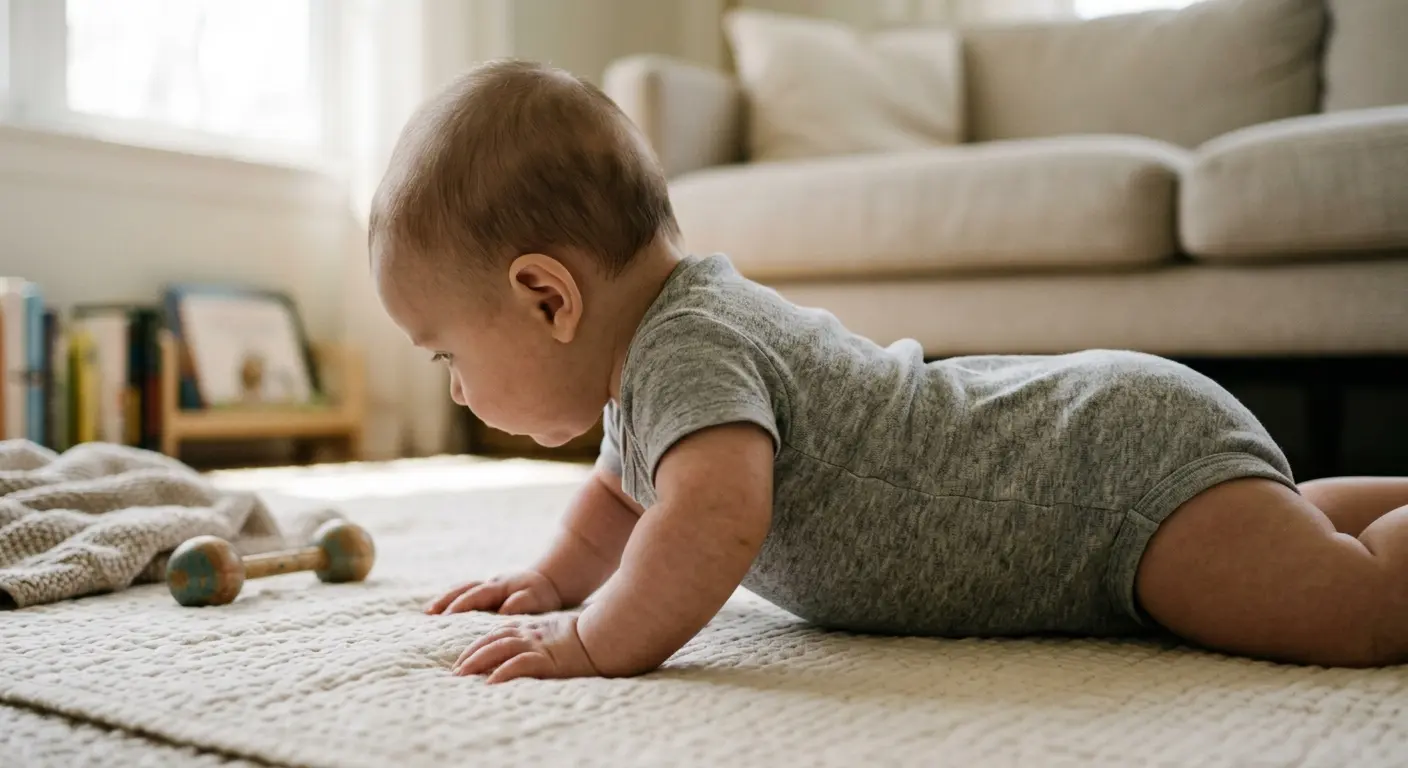 3. Lebensmonat – An einem späten Vormittag liegt ein dreimonatiges Baby auf einer cremefarbenen Krabbeldecke
