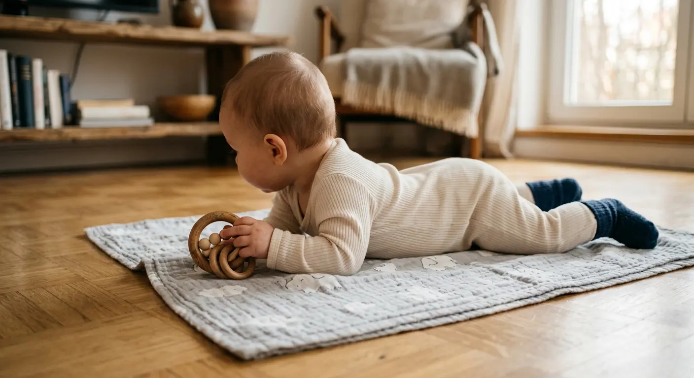 5. Lebensmonat – An einem sonnendurchfluteten Vormittag liegt ein Baby auf einer hellen Krabbeldecke auf