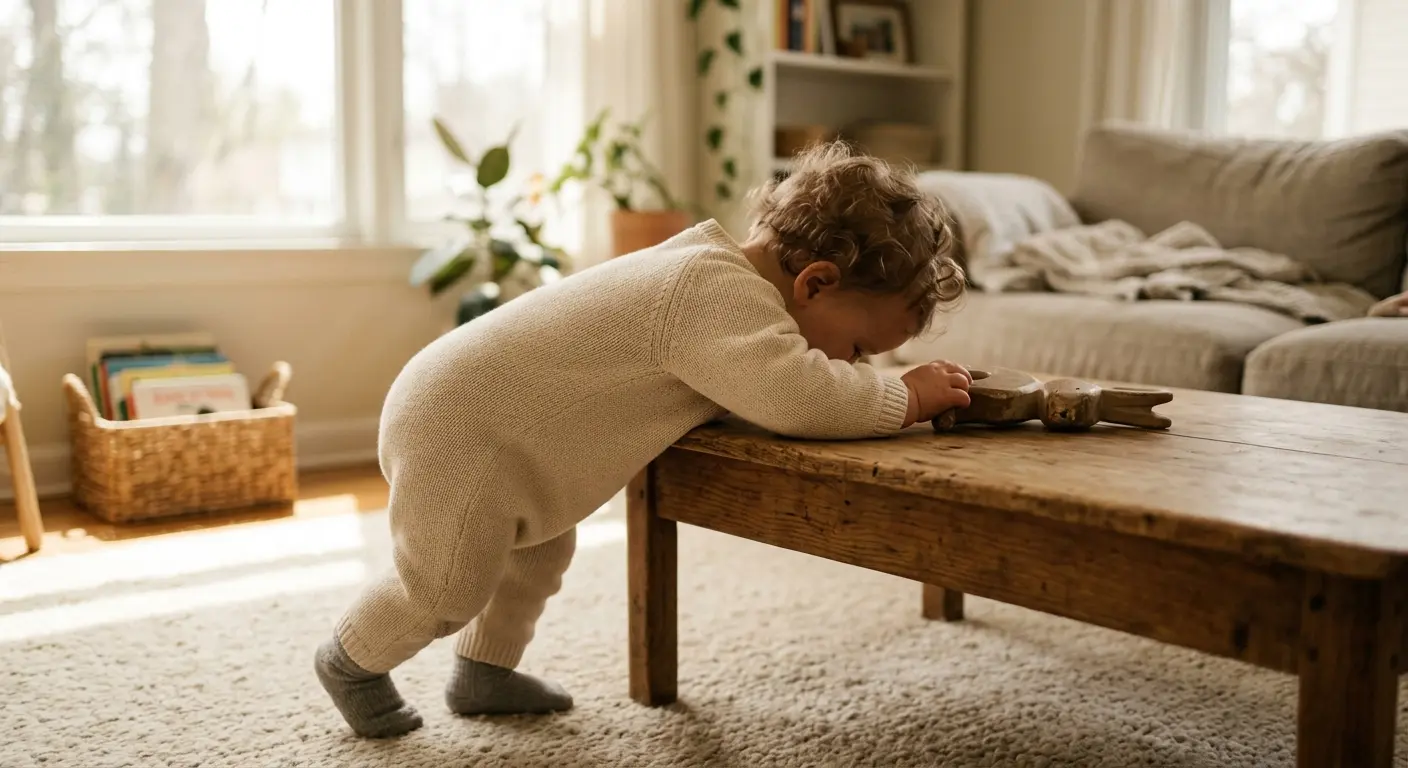 8. Lebensmonat – Am späten Vormittag zieht sich ein Baby im sonnendurchfluteten Wohnzimmer von hinten