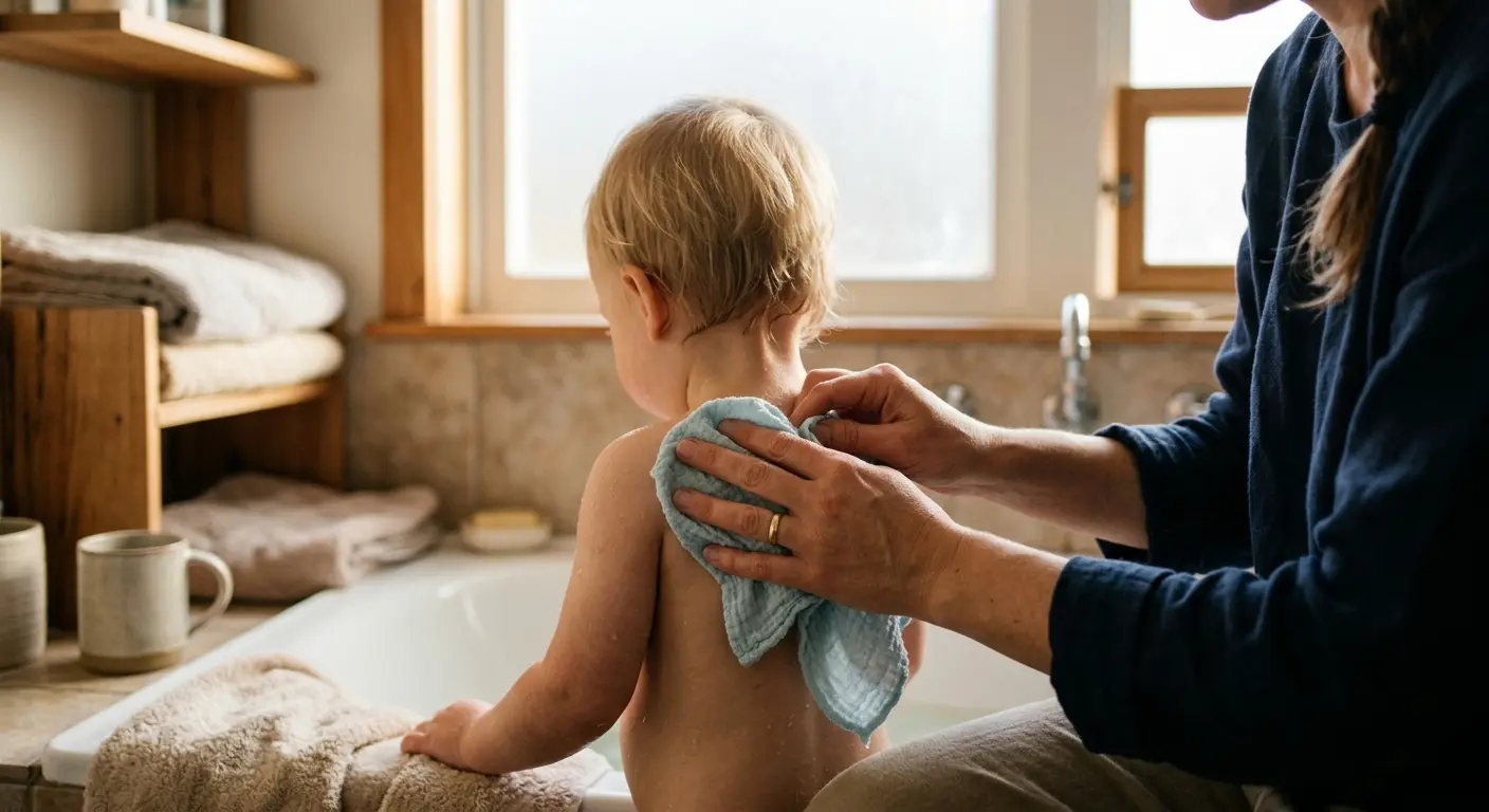 baden – In einem sonnendurchfluteten Badezimmer am späten Vormittag tupfen die Hände eines Elternteils