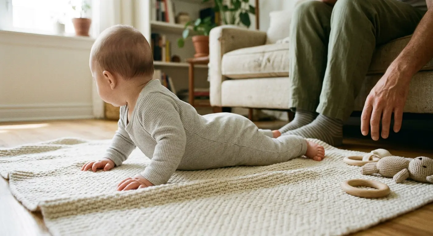 Bauchlage – An einem späten Vormittag liegt ein Säugling im hellen Wohnzimmer auf dem