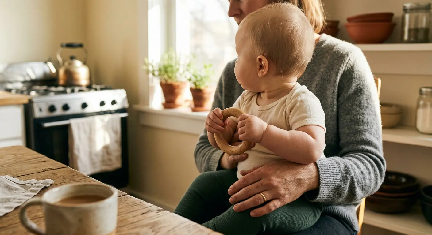 Beikost – An einem späten Vormittag sitzt ein Baby im warmen, seitlichen Tageslicht stabil