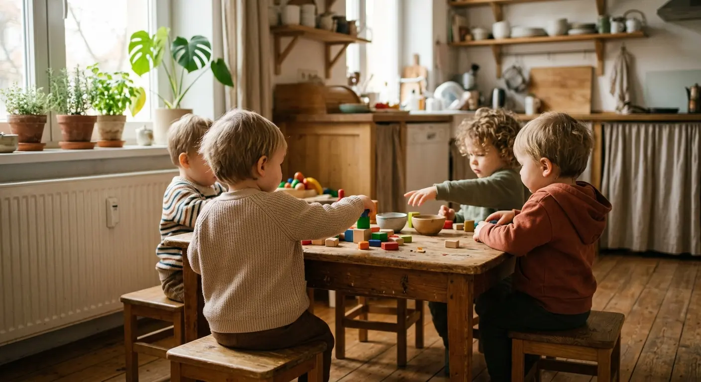 Betreuung – In einer von warmem Vormittagslicht durchfluteten Wohnküche sitzen vier Kleinkinder von hinten