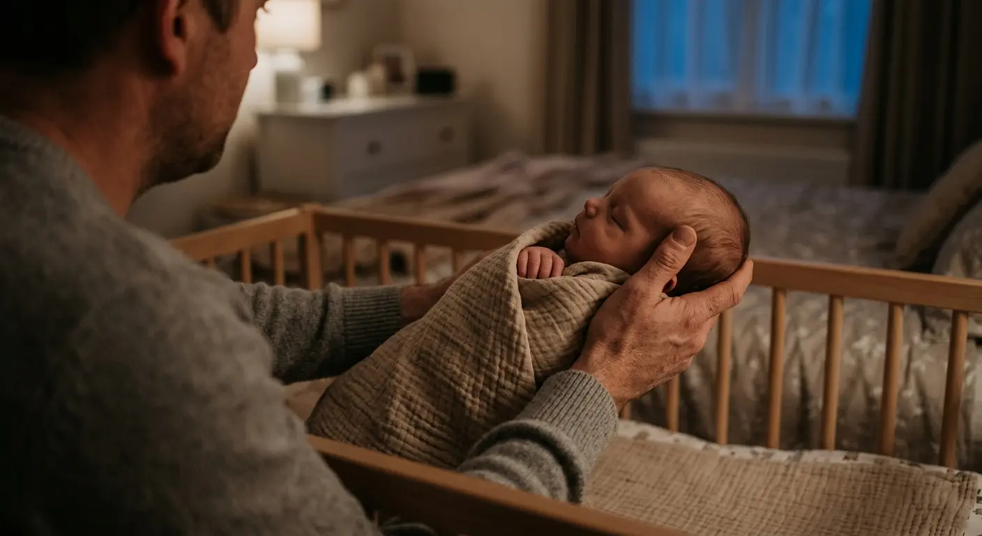 Durchschlafen – In einem abgedunkelten Schlafzimmer legt ein Vater, von dem nur die Hände