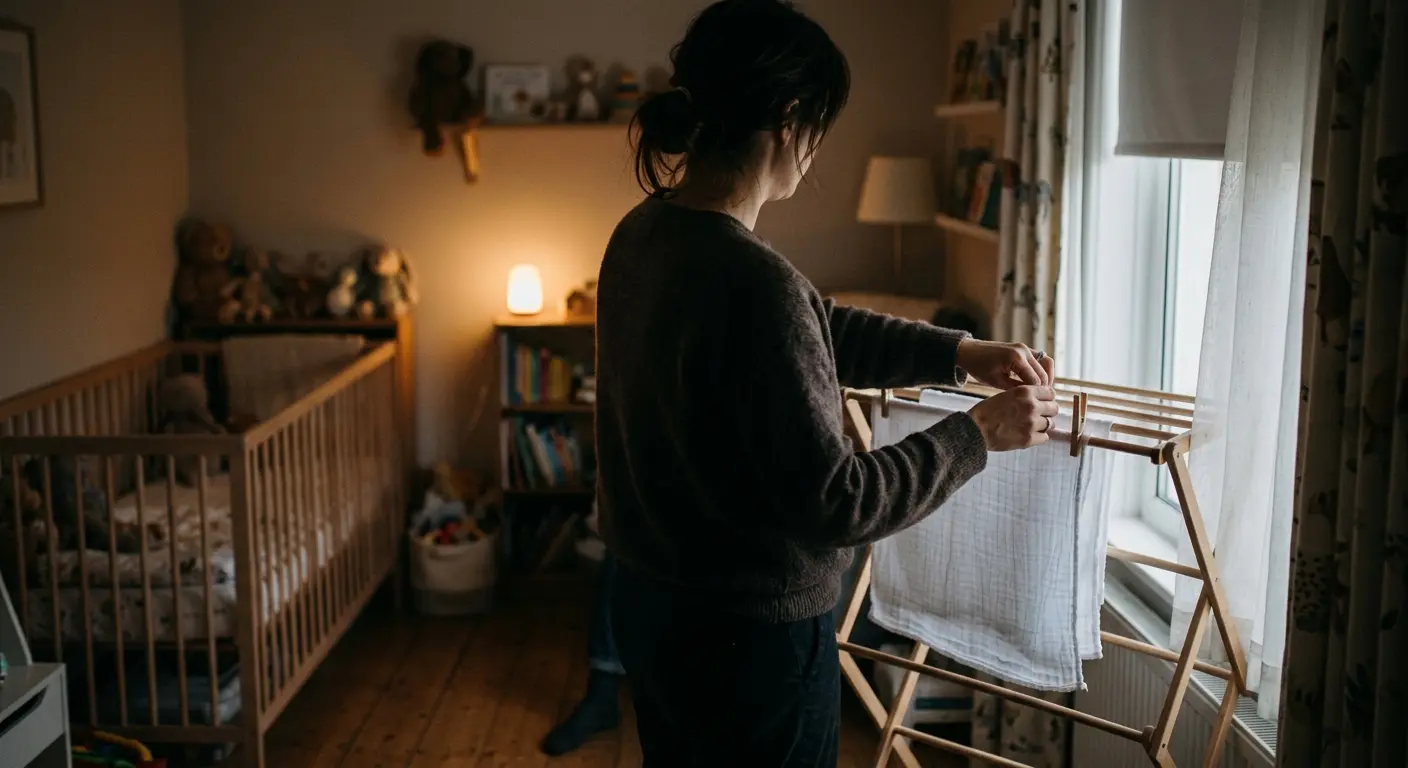 Erkältung – In der gedämpften Atmosphäre eines Kinderzimmers am späten Abend hängt ein Elternteil