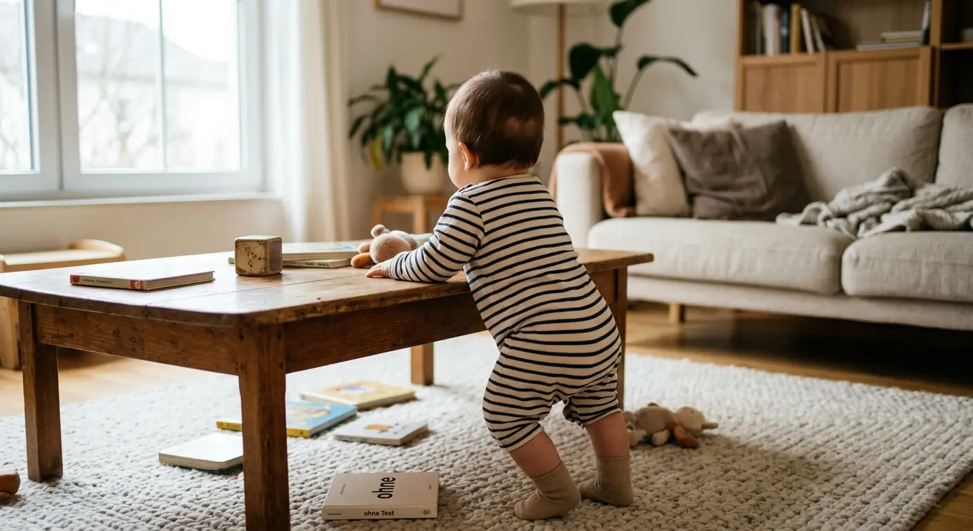 Hochziehen – An einem späten Vormittag zieht sich ein Baby in einem lichtdurchfluteten Wohnzimmer