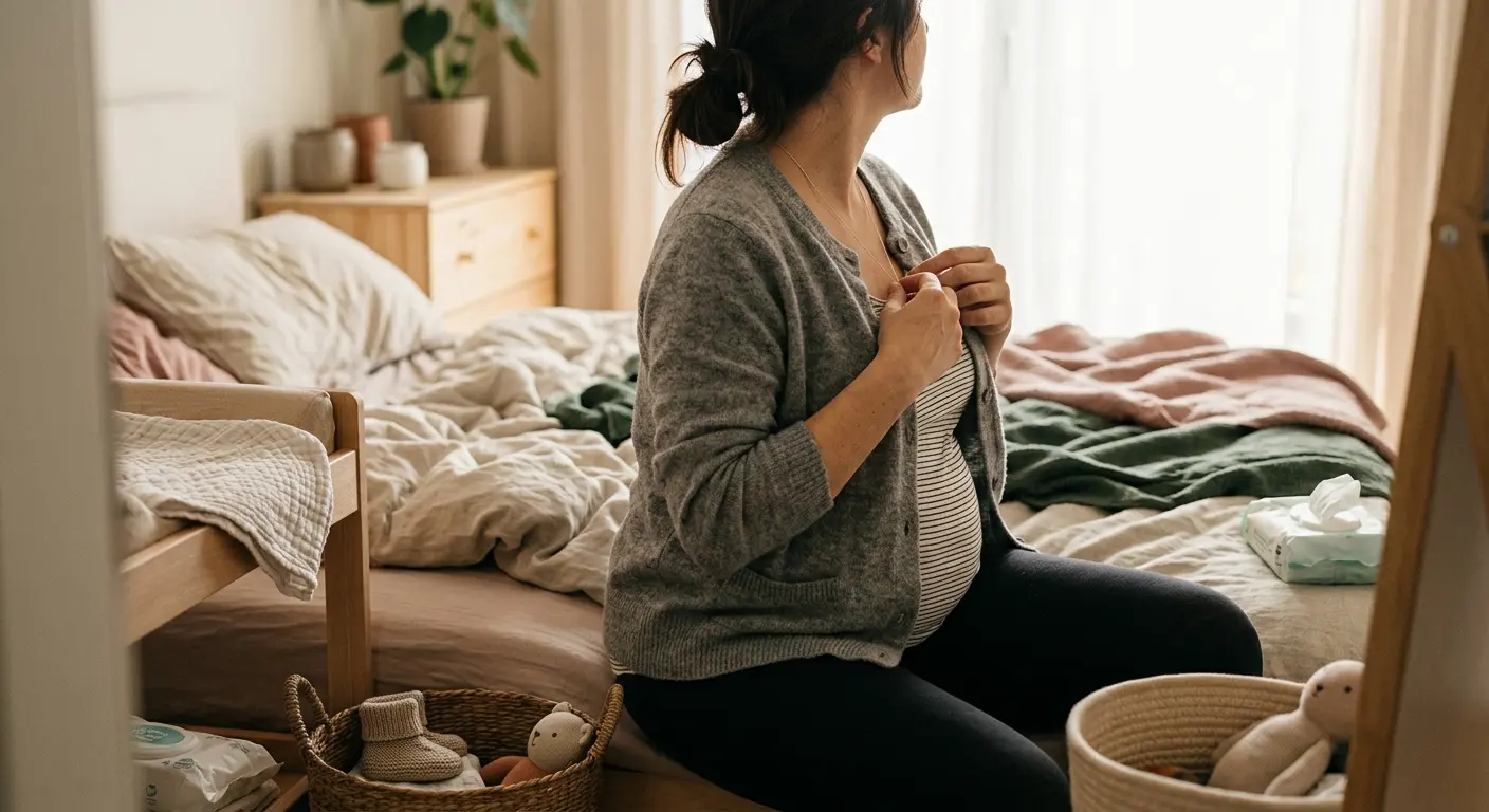 Kaiserschnitt – An einem sonnigen späten Vormittag im Schlafzimmer richtet sich eine frischgebackene Mutter