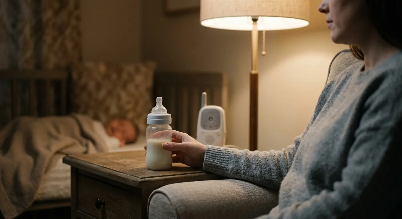 Partnerschaft – , Babyphone, Babyflasche, Stehlampe. - Tageszeit: später Abend. - Lichtstimmung: warmes,