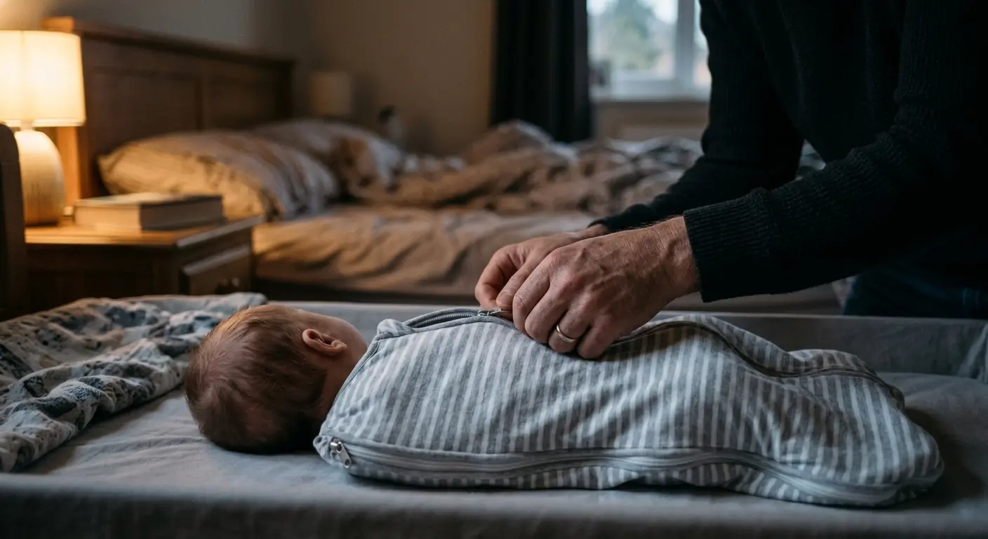 Schlafumgebung – In einem halbdunklen Elternschlafzimmer am späten Abend zieht die Hand eines Elternteils