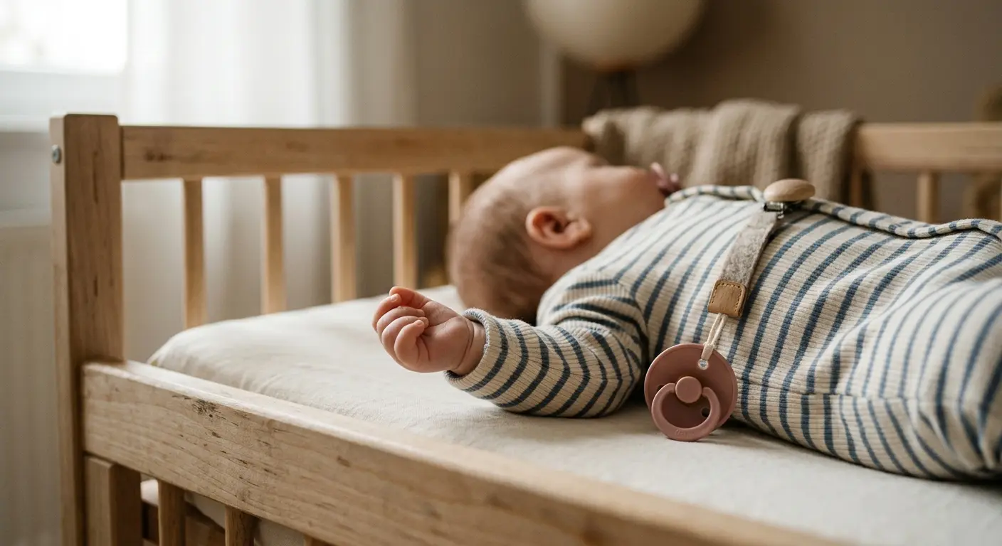 Schnuller – Gegenstände:* Gestreifter Strampler, Holzgitterbett, helles Spannbettlaken, mattschimmernder Silik