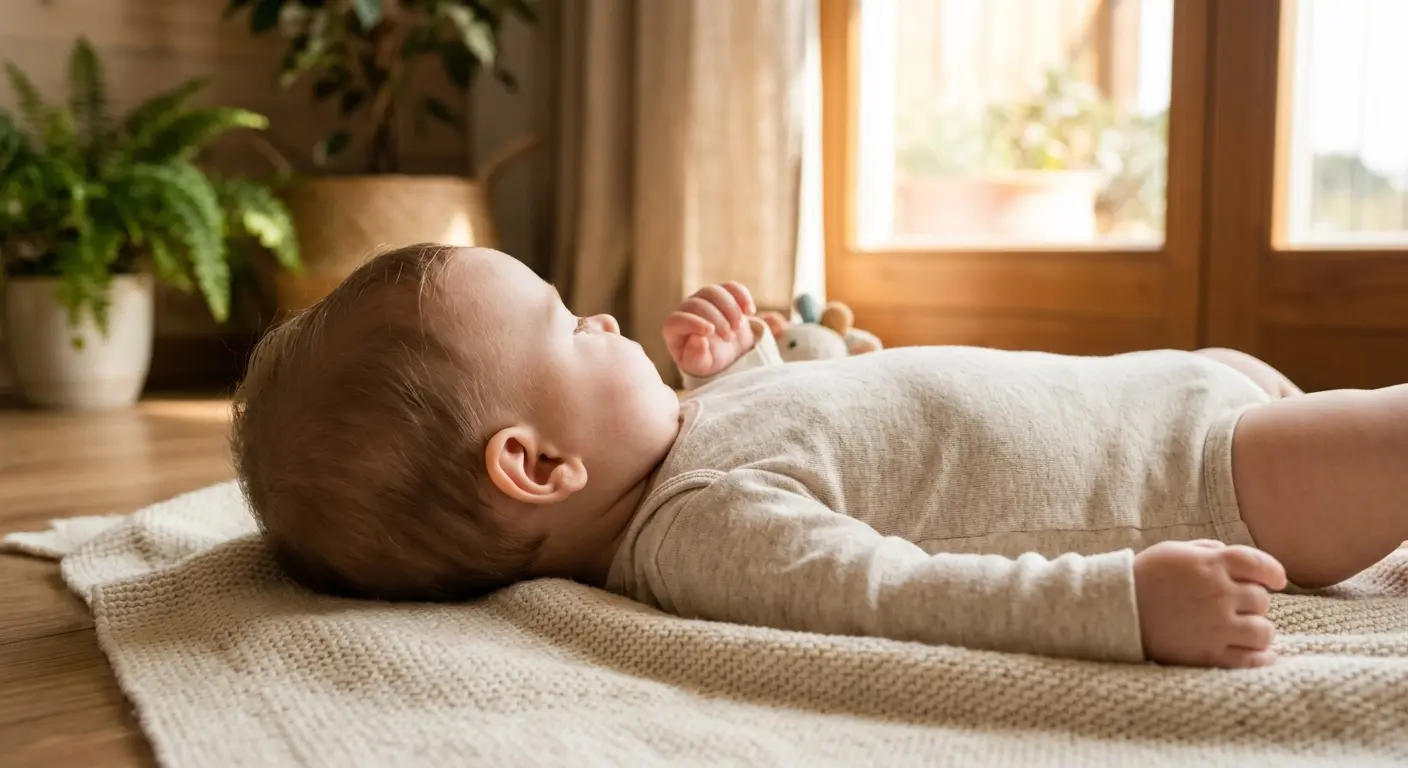 Spielzeug – An einem sonnigen Vormittag liegt ein etwa acht Monate altes Baby im