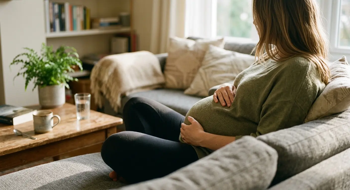 SSW 18 – In einem sonnendurchfluteten Wohnzimmer sitzt eine schwangere Frau am späten Nachmittag auf
