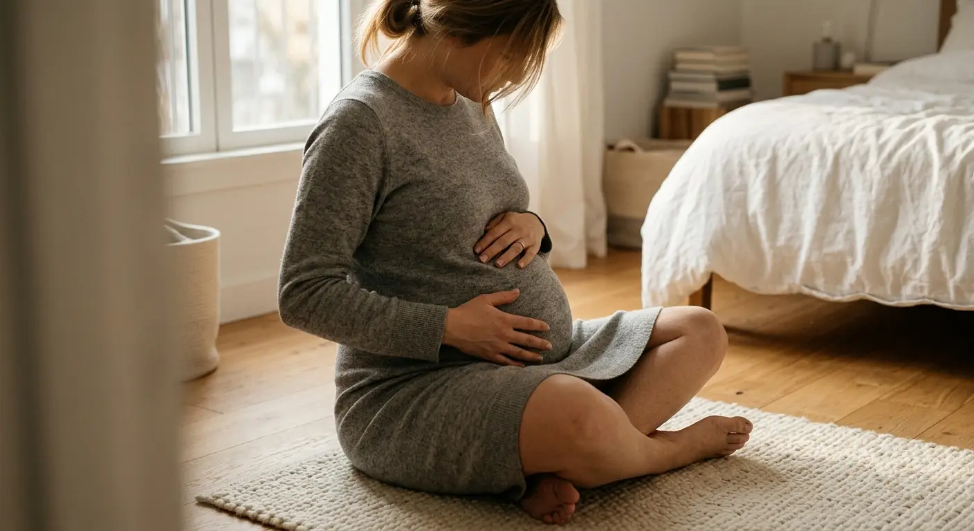 SSW 28 – In einem lichtdurchfluteten Schlafzimmer am späten Nachmittag sitzt eine schwangere Frau im
