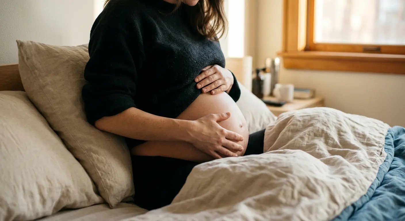 SSW 32 – An einem späten Nachmittag sitzt eine schwangere Frau mit hochgerutschtem Pullover auf