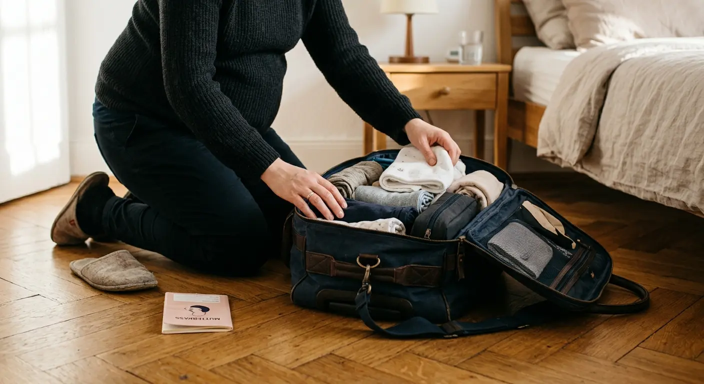 SSW 33 – Parkettboden des Schlafzimmers (bedroom floor). * Action: Packing open travel bag for
