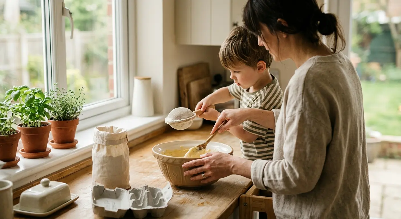 Tragen – In einer lichtdurchfluteten Küche an einem späten Vormittag rührt eine Mutter, von