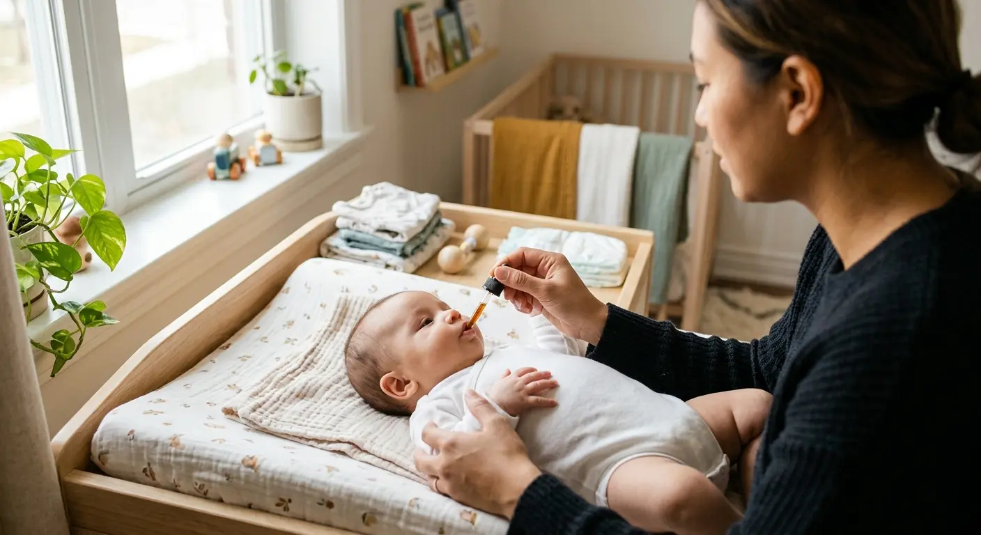 Vitamin D – An einem sonnigen Vormittag gibt ein Elternteil im hellen Kinderzimmer dem auf