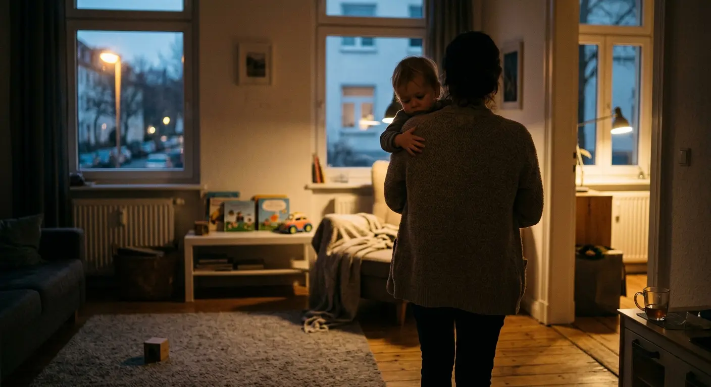 Wachstumsschub – In der nächtlichen Dämmerung geht ein Elternteil, von hinten gesehen, mit langsamen